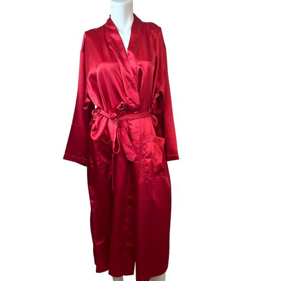 Blloomingdale's Red Floral Embroidered on Back Satin Kimono Robe One Size - Picture 4 of 10
